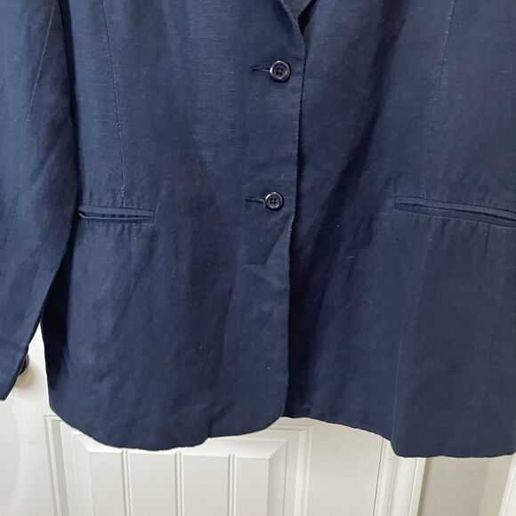 Adolfo Studio Navy Blazer Jacket Womens Size 14P Long Sleeve Linen Blend Career - Picture 2 of 9